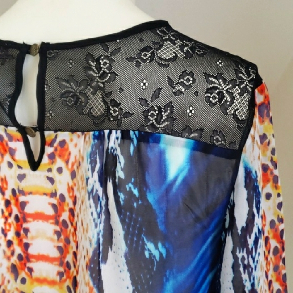 PHILOSOPHY Snake-Print Semi-sheer Multicolor Black Shoulder Lace Trim Top XS - Picture 11 of 16